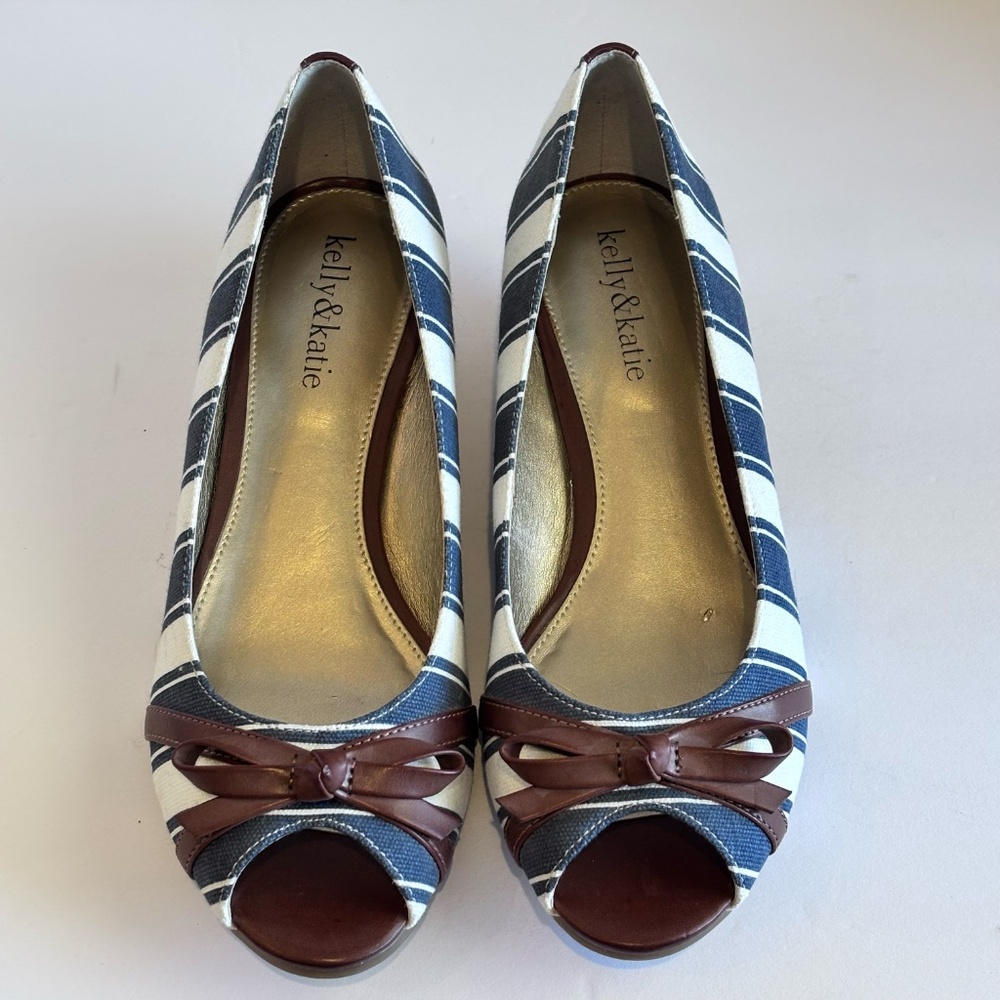 Kelly & Katie Women's Open Toe Low Wedge Cork Heel Blue White Stripe Fabric Shoe